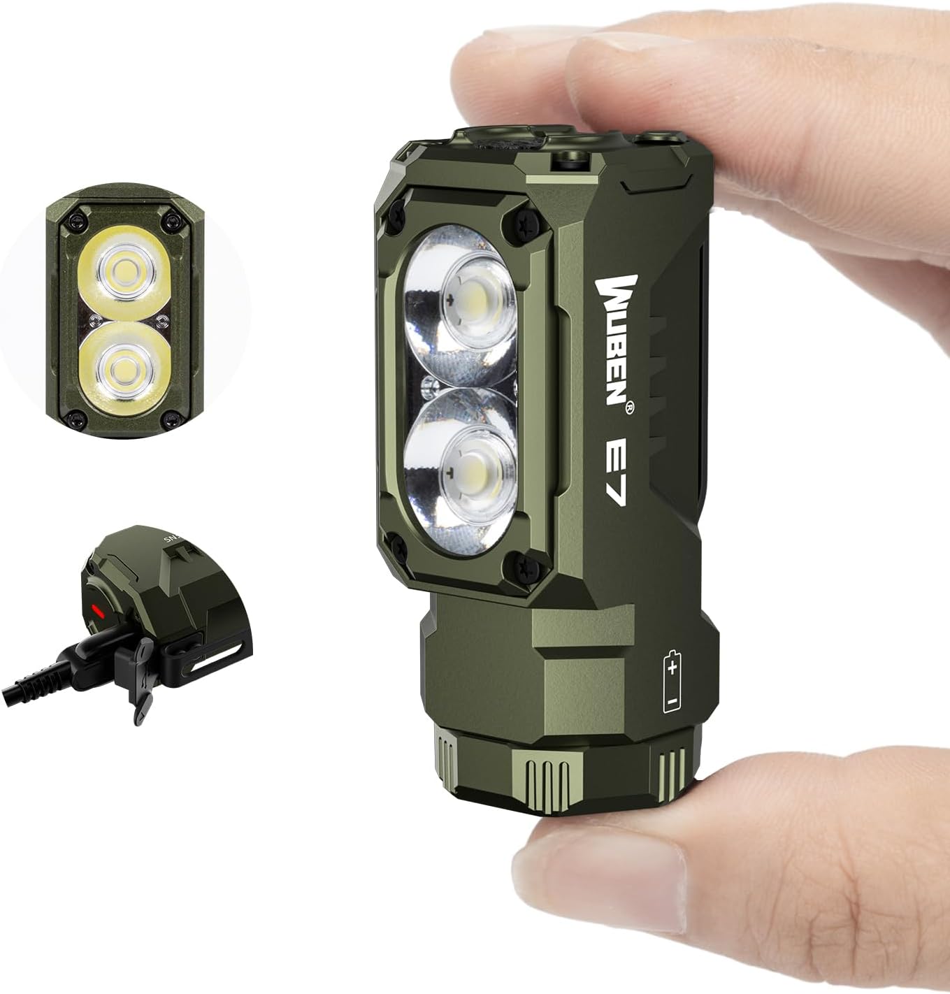 E7 1800 Lumen Rechargeable Mini Flashlight with Magnet - Super Bright 6 Modes ArmyGreen EDC Flashlight, Typ-C Rechargeable LED; IP68 Pocket Flashlight for Headlamp Use, Rescue, Camping