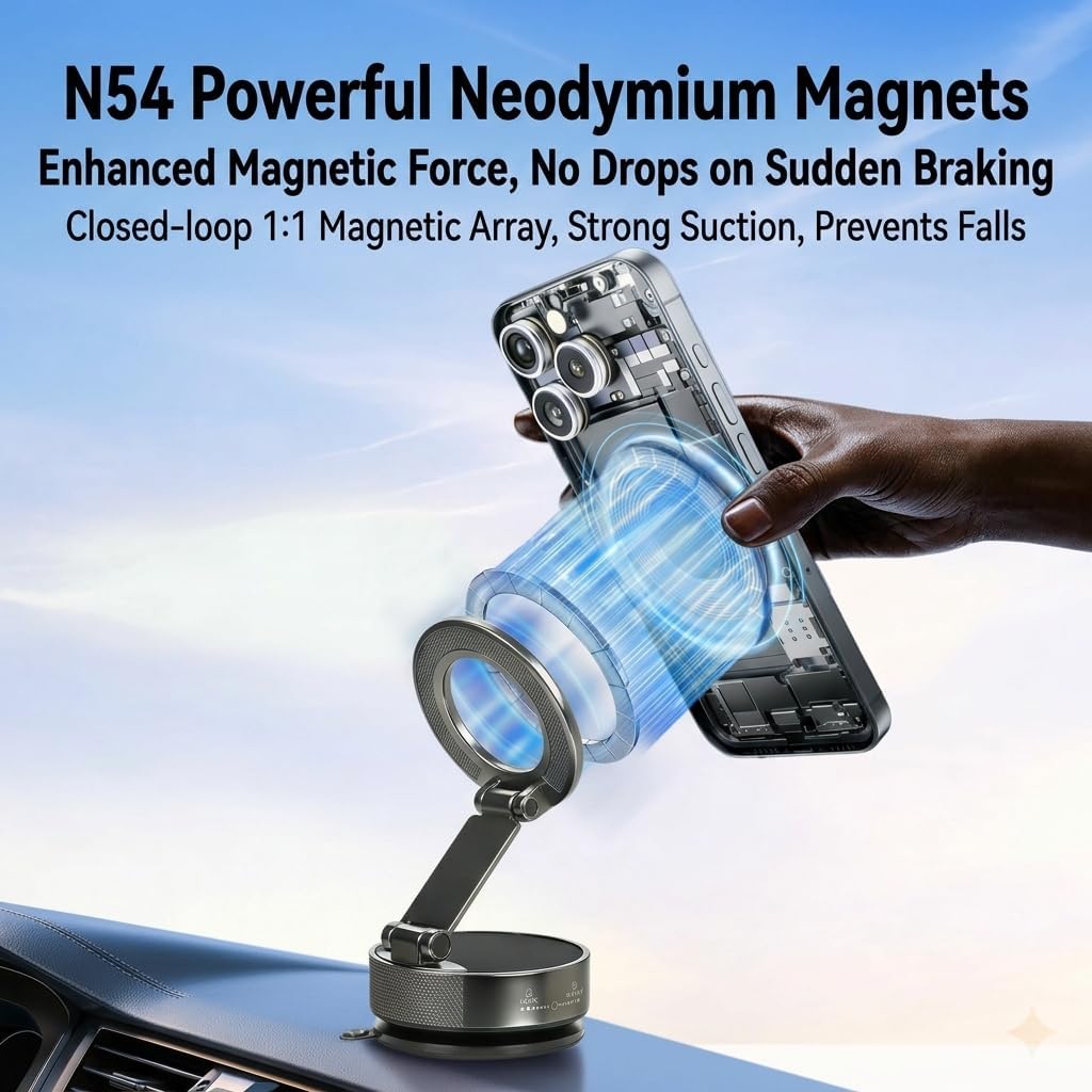Vacuum Magnetic Car Phone Holder for Magsafe, 360° Rotatable Hands-Free Suction Cup Car Phone Mount for Dashboard/Gym/Mirror/Smooth Surfaces, Compatible with iPhone and Android