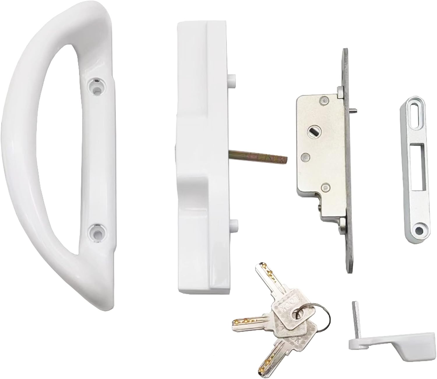 White Patio Door Handle Set with Mortise Lock and Key Cylinder