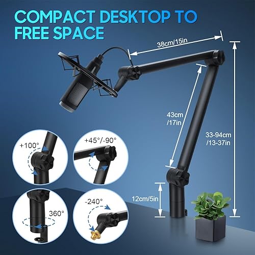 Miniatura 2 de Brazo de micrófono, soporte para micrófono, brazo de micrófono compacto con adaptador de 38 a 58 pulgadas, plegable, soporte de micrófono totalmente