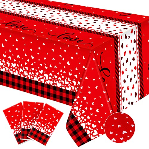 Piklodo 3Pcs Heart Love Plastic Tablecloth Heart Disposable Tablecloth Rectangle Table Cover Waterproof Red Table Cloth For Wedding Father's Day Holiday Party Table Decor, 54 X 108 Inch #TOP5
