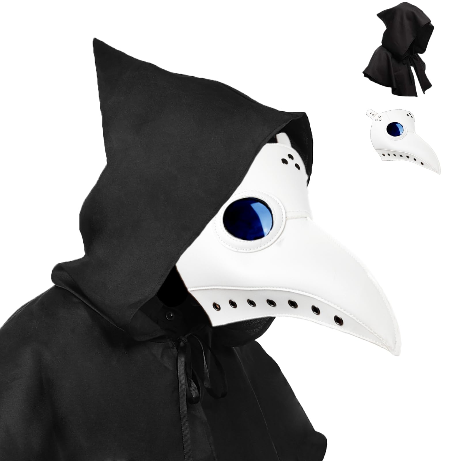 Raxwalker Plague Doctor Bird Mask And Hat Set Retro Steampunk Halloween Costume Long Nose Beak Cosplay Props (White SET)