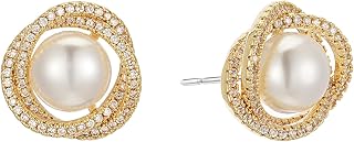Gold Plated Flower & Pearl Earrings, Trendy Floral with Cubic Zirconia Statement Studs Earrings Hypoallergenic Jewelry Gifts for Wedding Engagement