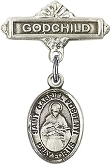 Sterling Silver Baby Badge with St. Gabriel Possenti Charm and Godchild Badge Pin 1 X 5/8 inches