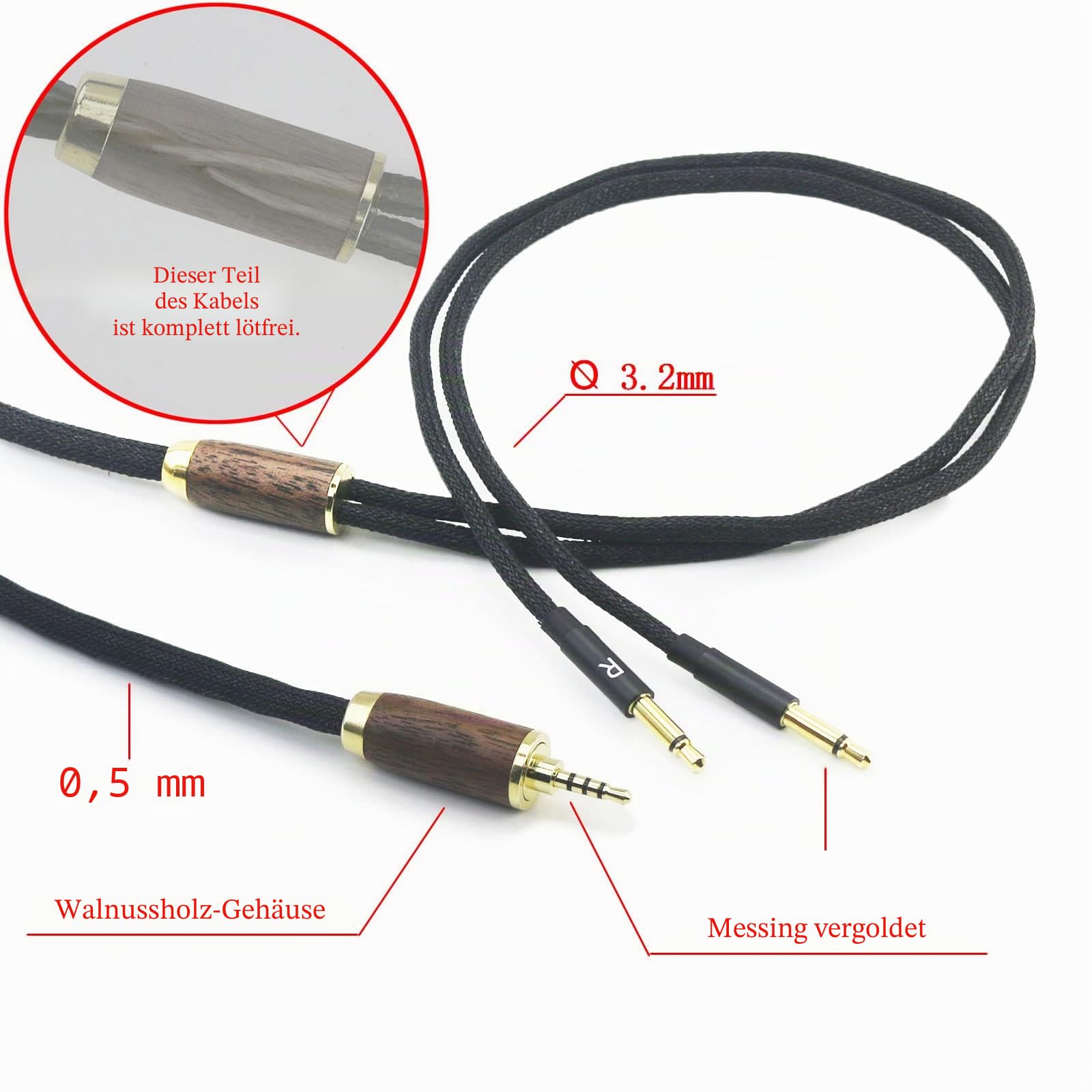 ABLET 2,5 mm Trrs symmetrischer Stecker 6 N OCC Kupfer versilbertes Kabel 2,5 mm symmetrisches Kabel kompatibel mit Meze 99 Classics, für Meze 99 Neo Kopfhörer Walnussholzschale