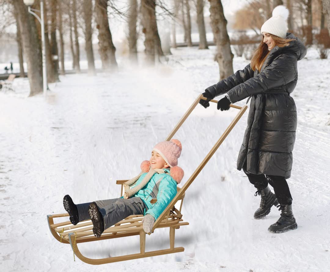 Slittino in legno per bambini con schienale Slitta Davoser in legno, con cintura di sicurezza schienale, pusher, e Sacco a Pelo Invernale Universale - Natur/braunes Leinen