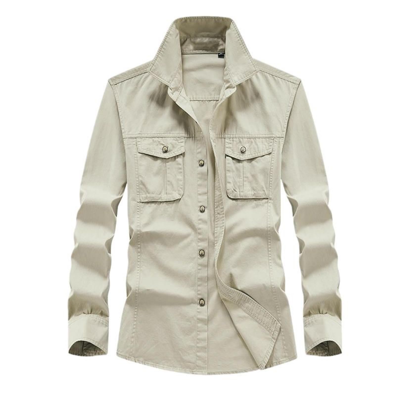 Camisa de trabajo de algodón para hombre, estilo vintage japonés, manga larga, corte holgado, cuello cuadrado, bolsillo de color sólido, para uso diario
