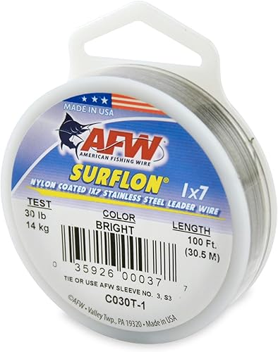 Miniatura 63 de Alambre de pesca americano Surflon recubierto de nailon de 1 x 7 pulgadas, línea líder de pesca para agua salada, prueba de 10 libras, prueba de 250