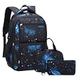 JiaYou Space Pattern Galaxy Backpack Boys Primary Junior Middle School Daypack Men High Middle School Laptop Bag(Star-Dark Blue,3Pcs Backpack Set)