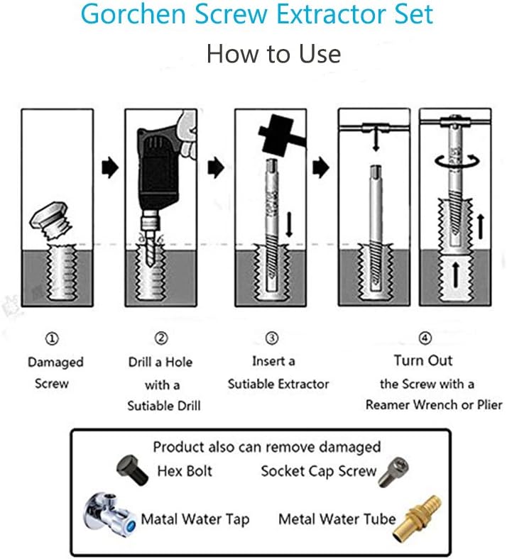 GORCHEN Damaged Screw Extractor Set Remove Stripped or Broken Screws Bolt Fastener Easy Out with Right Handed Boring Drill Bit Set 3-10mm 11pcs