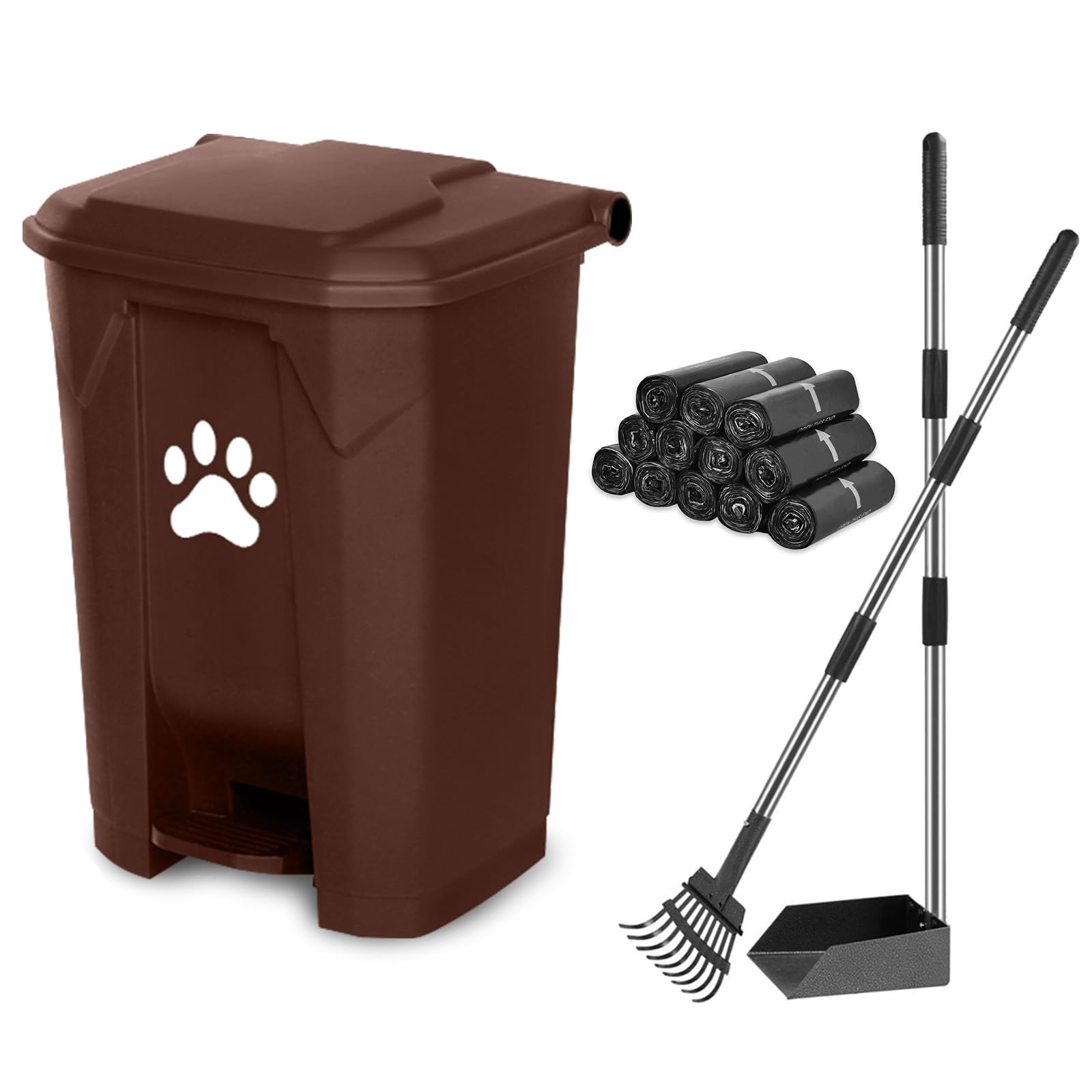 B-15-BR-RB180-CZ Poubelle à déjections canines pour extérieur avec couvercle et pédale mains libres en PVC durable avec bac à déjections canines et râteau 180 sacs poubelle noirs, marron