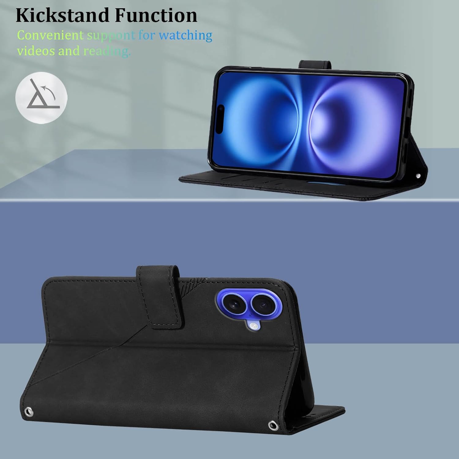 for iPhone 16 Wallet Case,Card Holder Slots Wrist Strap TPU Interior Protective,Stand PU Leather Folio Flip Cases Cover for iPhone 16 (2024) (Black) - Image 4