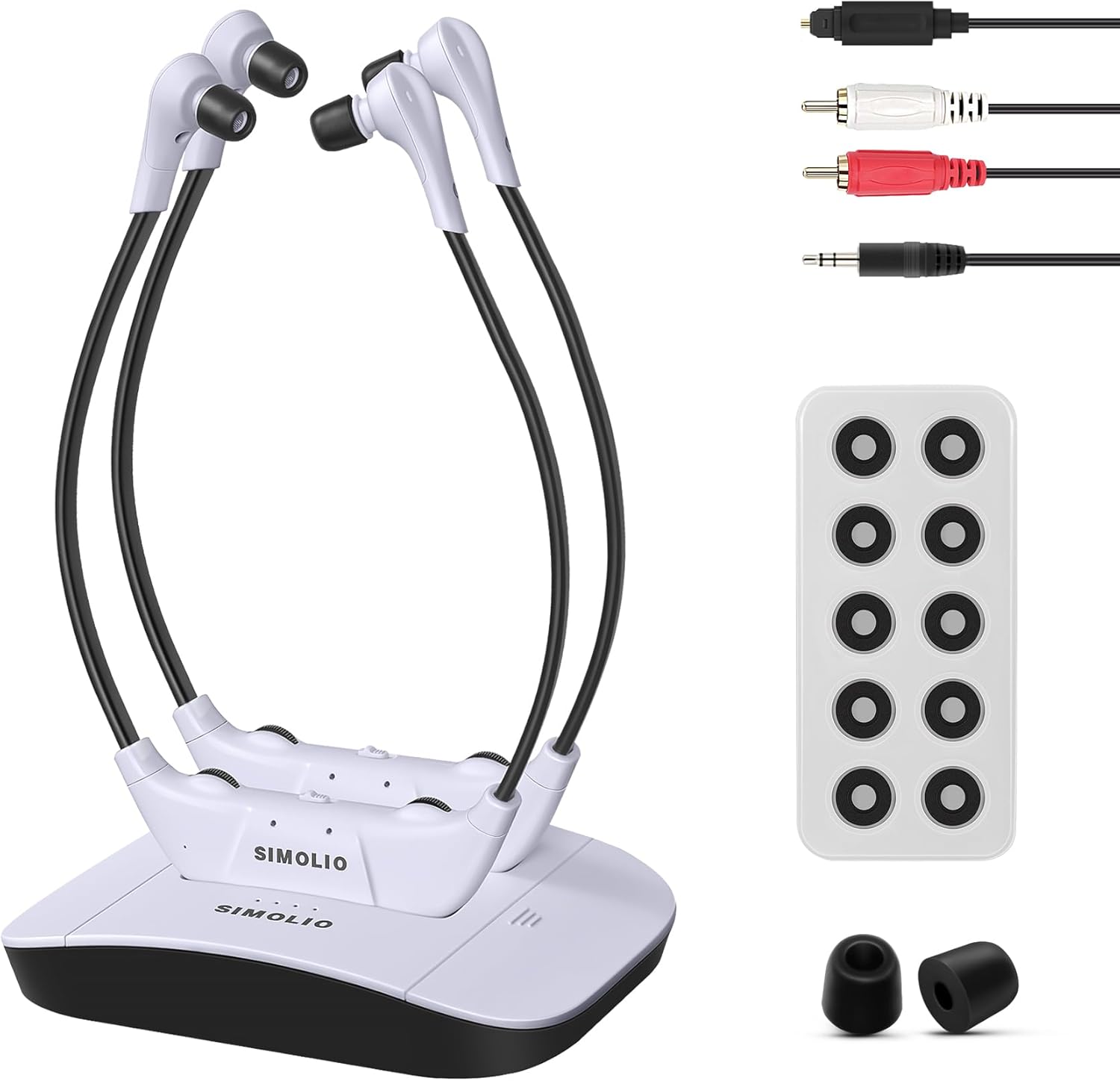 SIMOLIO Digit2.4G Dual Wireless TV Headphones with Spare Battery and Ear Tips for Hearing Impaired and Seniors, Voice Enhancement, Tone & Balance Adjustment