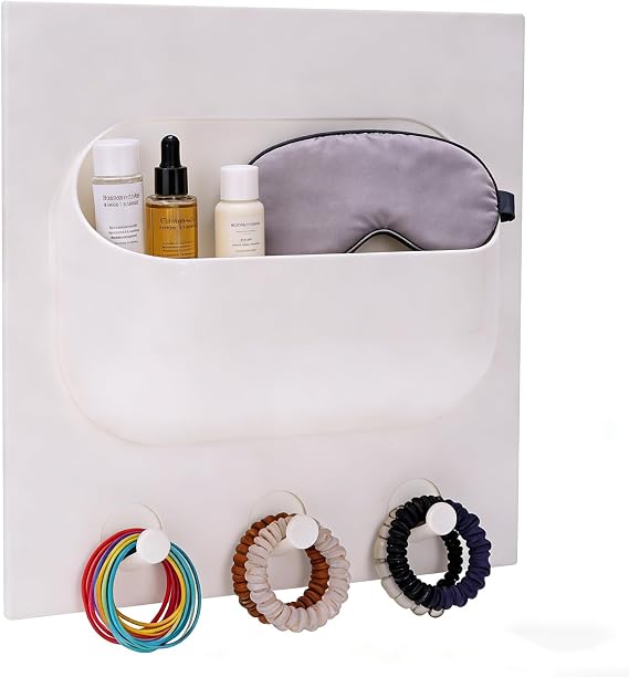 Bedside Shelf - Stick on Shelves, Floating Bedside Organiser & Wall Mounted Storage with Cable Hole, Shower Caddy, Key Holder, White Bedroom Shelves for Walls for Phone, Keys, Toiletries