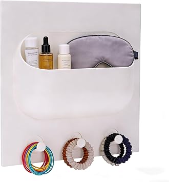 Bedside Shelf - Stick on Shelves, Floating Bedside Organiser & Wall Mounted Storage with Cable Hole, Shower Caddy, Key Holder, White Bedroom Shelves for Walls for Phone, Keys, Toiletries