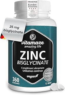 Visuel du produit : Zinc Bisglycinate 25 mg - Acné, Peau et Système immunitaire - 360 Comprimés pour 1 An - Vegan et Hautement Biodisponible - Complément Alimentaire Vegan Sans Additifs - fabriqué en Allemagne