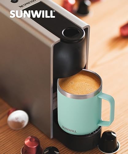 Miniatura 6 de SUNWILL - Taza de café con asa de 14 onzas, taza de café de viaje de acero inoxidable, de doble pared con tapa, recubrimiento en polvo, color menta