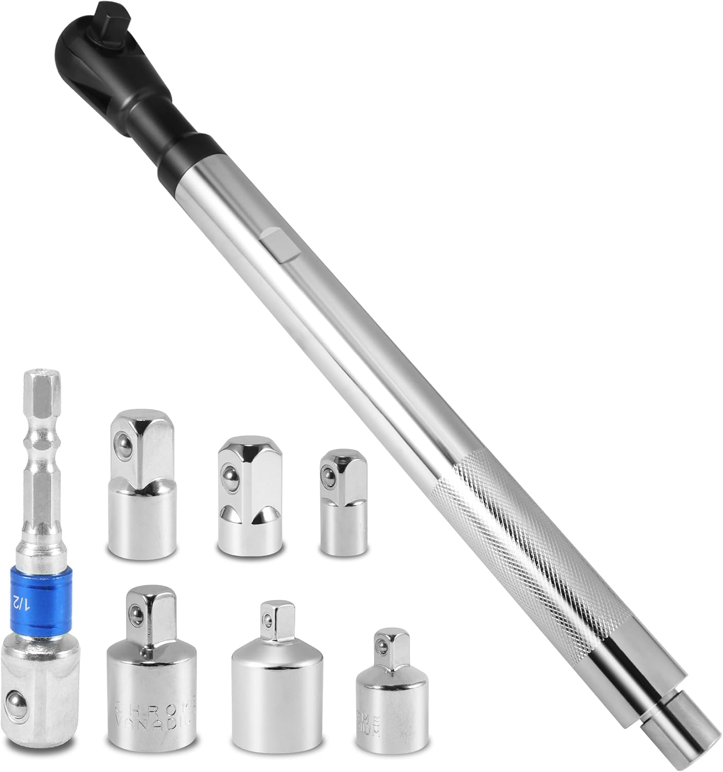 1/2" Offset Extension Wrench, Impact Ratchet Extender for Electric Drill with 6 Square Drive Adapters & Sockets(3/8" 1/4" 1/2" )High Torsion Steel Wrench Extender Slim Design for Tight Narrow Spaces