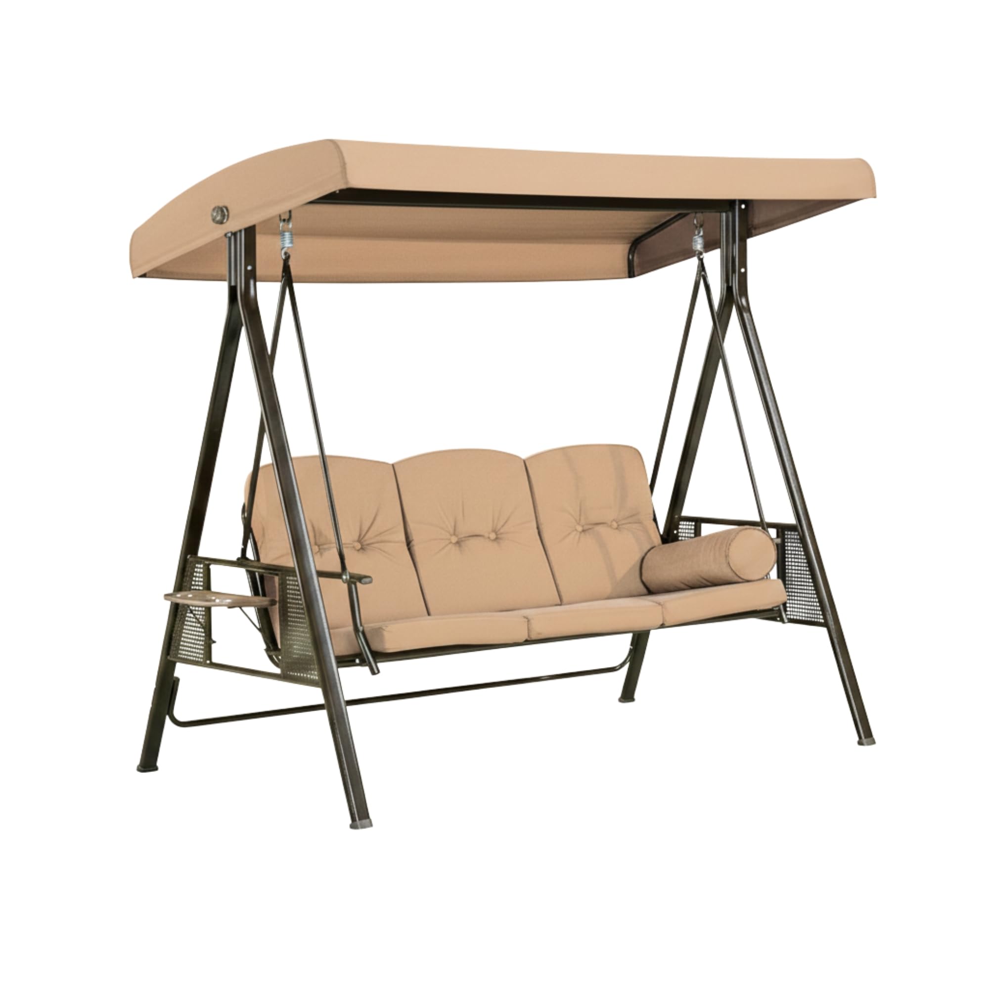 A beige replacement canopy top installed on a three-seater outdoor swing, set in a lush garden with flowering bushes and a pond in the background.