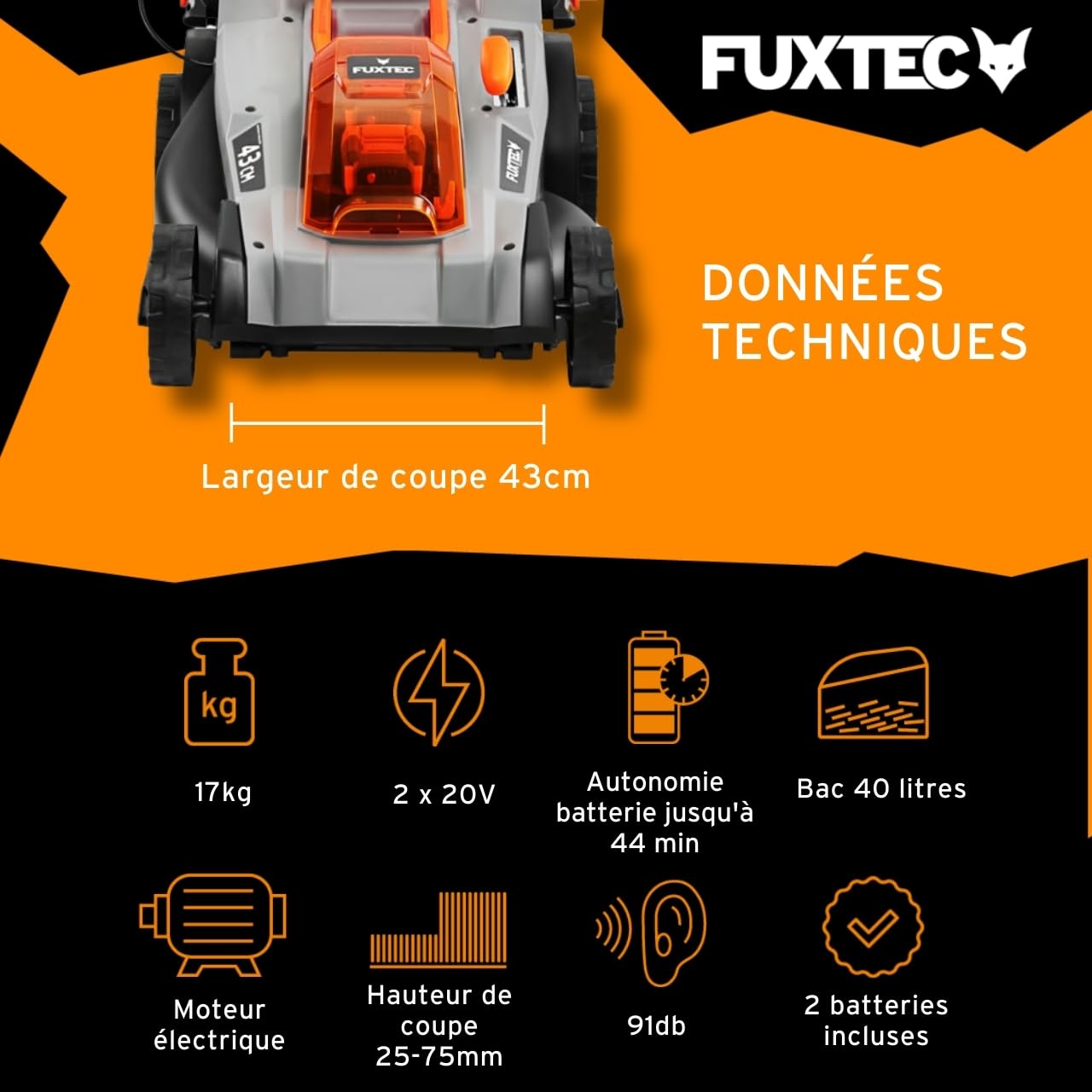 FUXTEC Tondeuse à Gazon sans Fil 40V (2x20V) E2RM43 Set Batteries et Chargeur - Largeur De Coupe 43cm, 40L