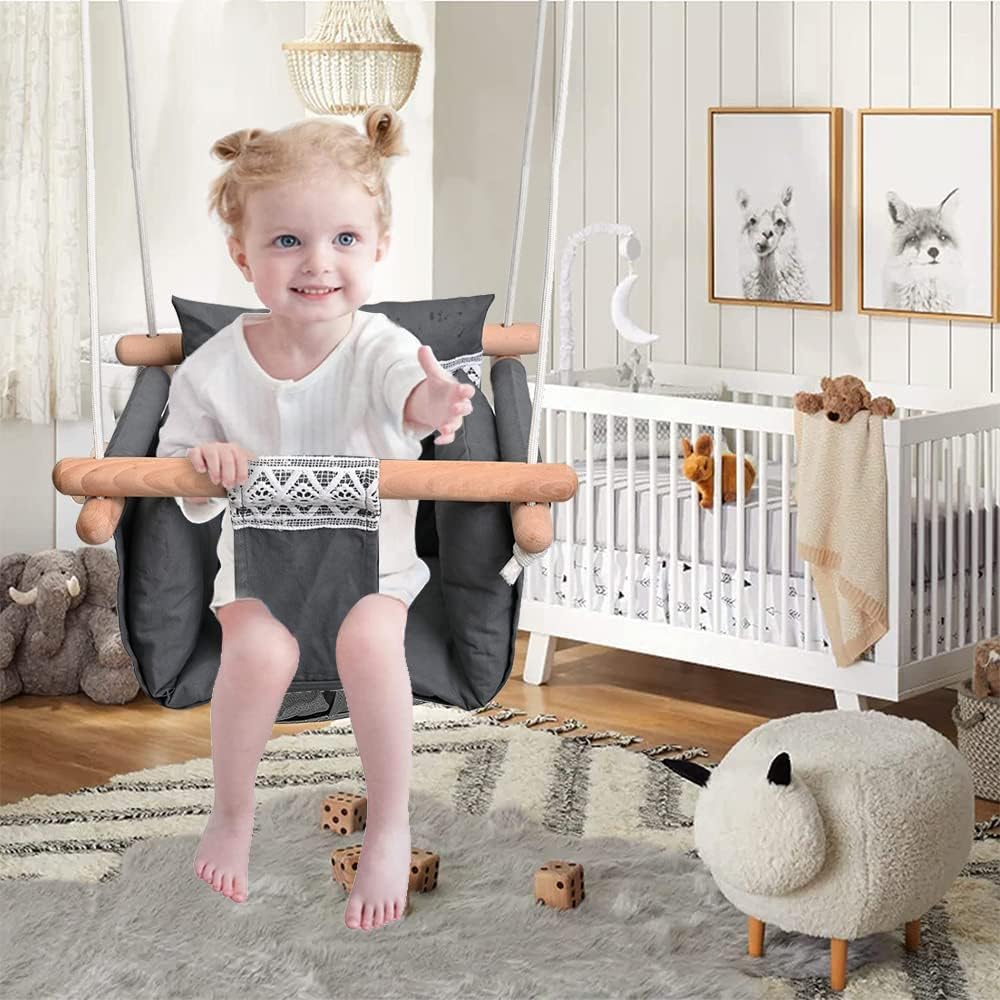 AMPLIN Indoor Outdoor Baby Cotton Swing with Safety Belt and Cushion, Kids Jhula, Grey, Wooden Frame, for 6 Months to 4 Years 3