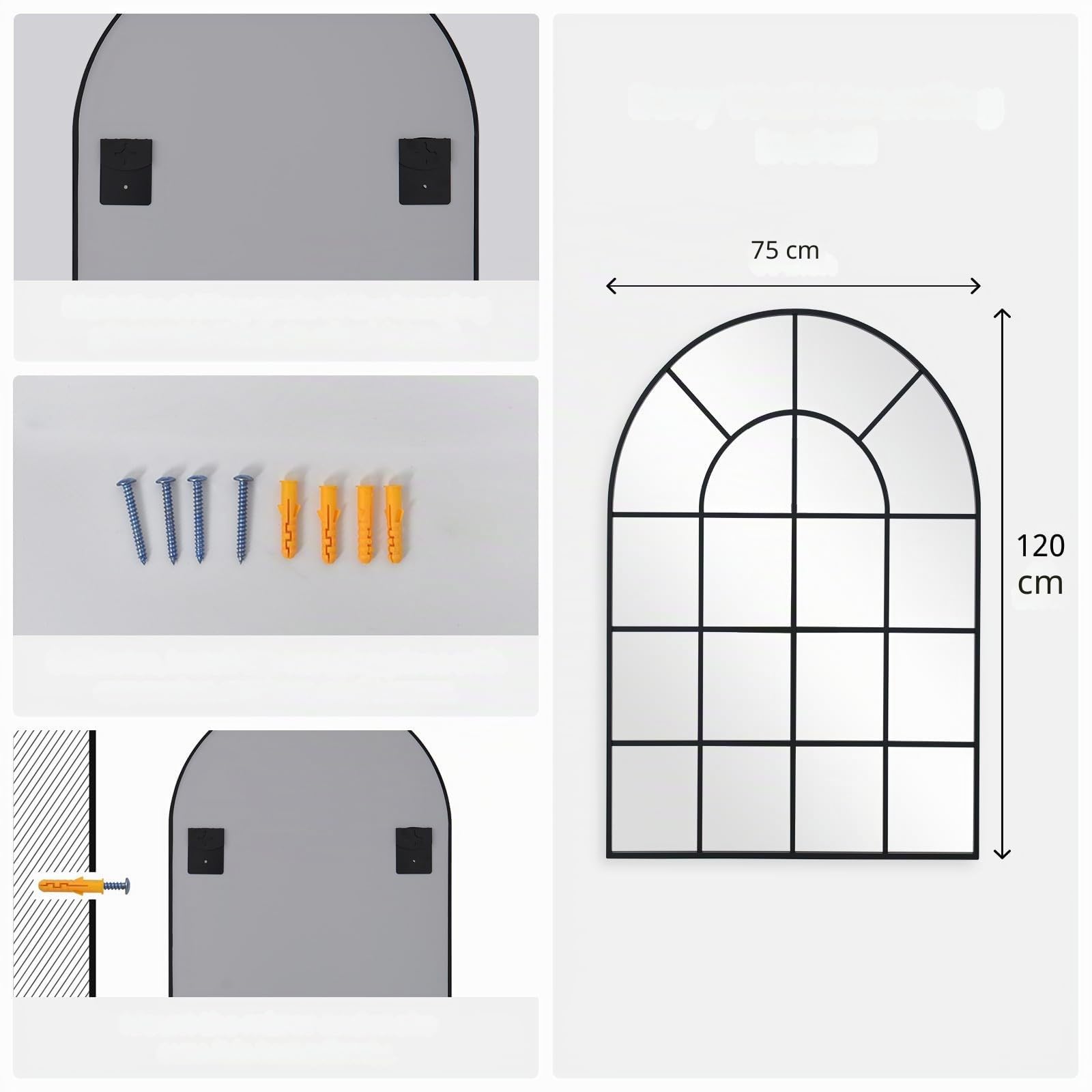 Espejo de ventana curvado 75 x 100 cm, marco de aluminio negro, cristal de ventana, espejo de pared para interior, salón, pasillo, entrada, exterior, decoración de jardín