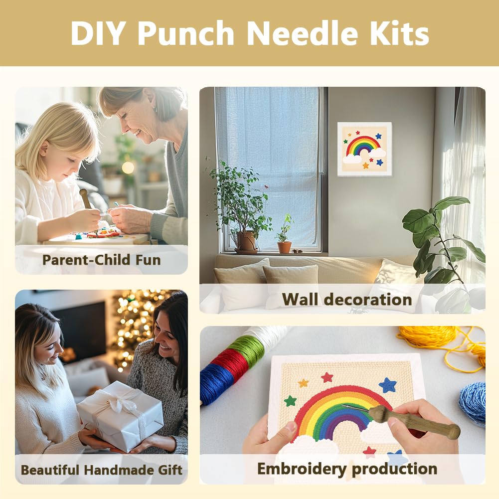 DOODLREAM Cartoon Rainbow DIY Punch Needle Embroidery Kit for Adult Beginner 24 cm Punch Stitching Craft Set for Starter with Frame Fabric Pattern - Image 4