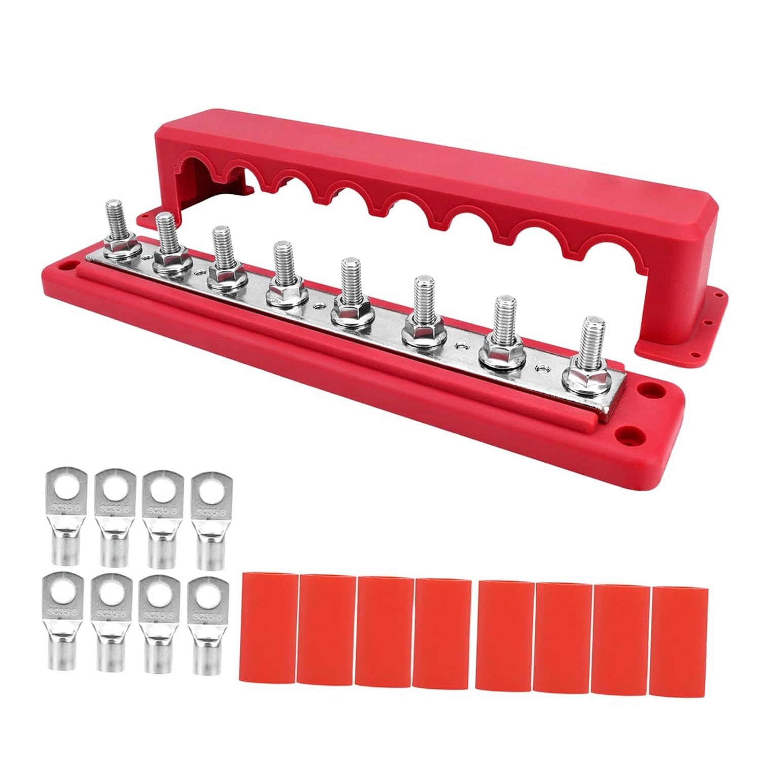 Power Distribution Block Busbar M8 Terminal 12V-48V 300A for Boat Automotive Marine Car Truck- Red 8 Terminals