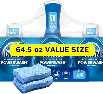 Dawn Platinum Plus Powerwash Dish Spray Bottle Set, Fresh Scent, 1 Spray Bottle + 2 Refills, 64.5 fl. oz. with with Non-Scratch Scrubber Sponge 2 count