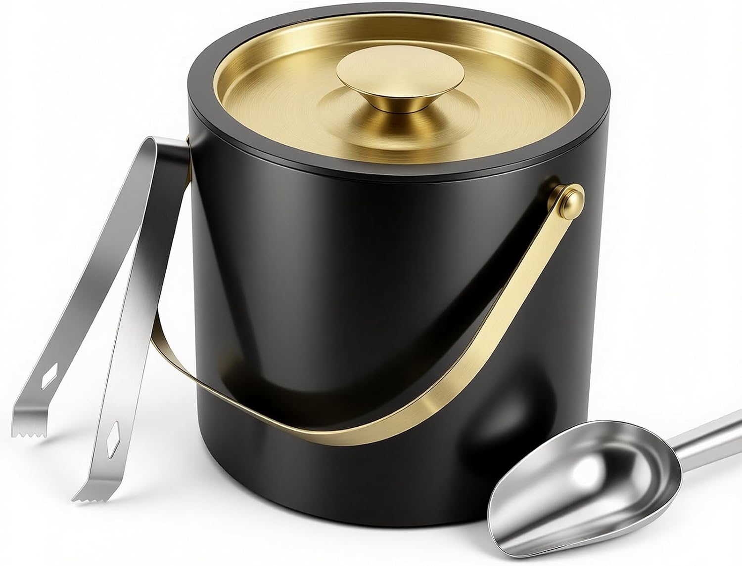 3L Modern Insulated Ice Bucket with Silicone Lid, Scoop, Strainer Double Wall Insulated Stainless Steel Ice-Bucket Metal-Ice Bucket for Parties Cocktail Bar, Outdoor Champagne Ice Container Bin(Black）
