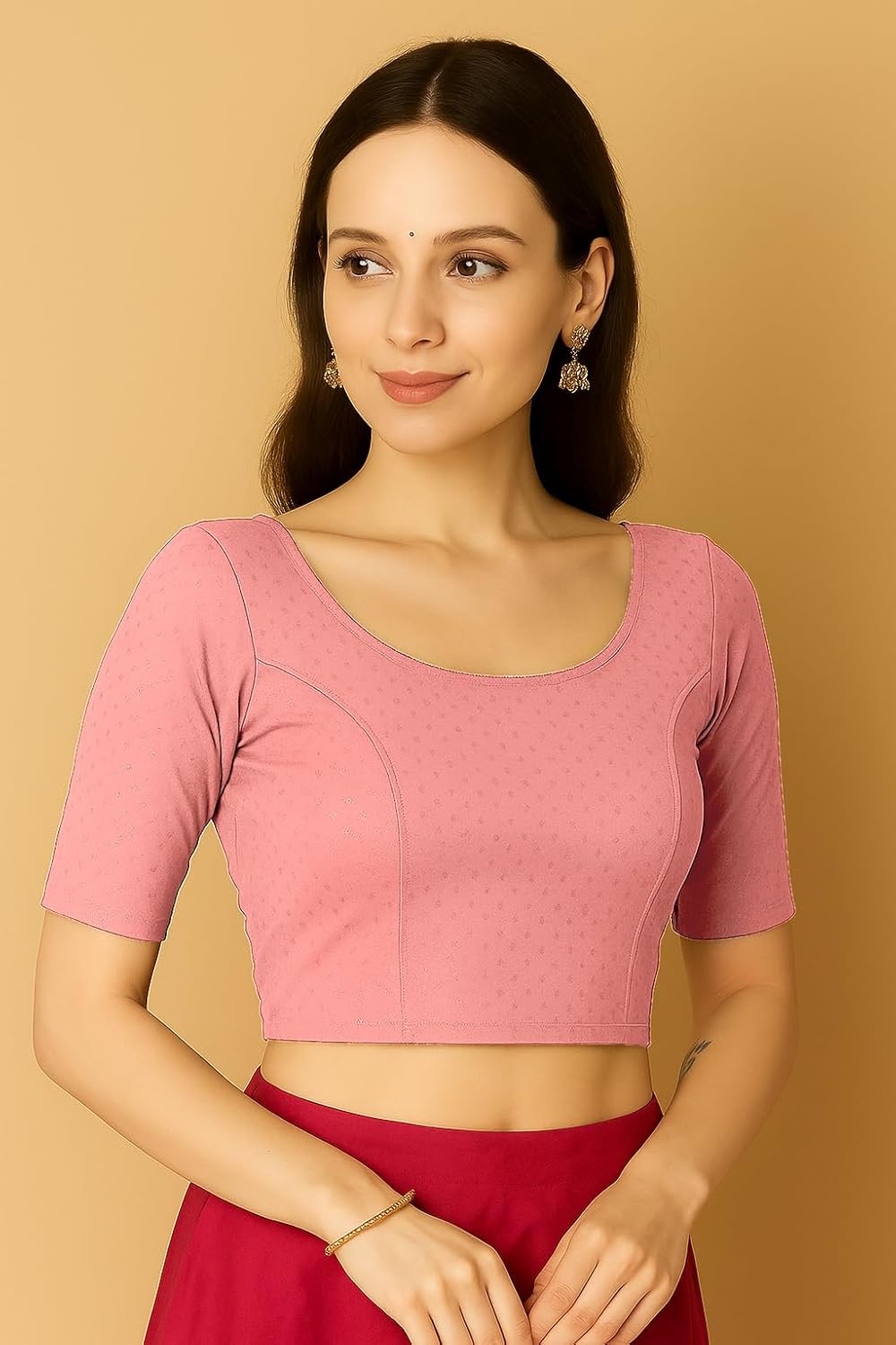 Round Neck Dobby Cotton Lycra Stretchable Elbow Sleeve Readymade Saree Blouse for Women Stylish (cotton-dobbi-rosy-pink-l) - Image 5