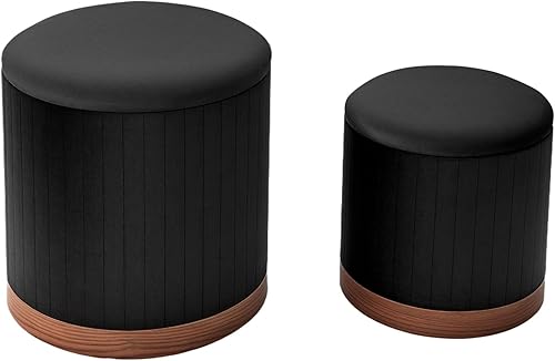 Miniatura 8 de Adeco Otomana redonda con almacenamiento, juego de 2, otomana de almacenamiento de terciopelo para sala de estar, reposapiés con tapa extraíble