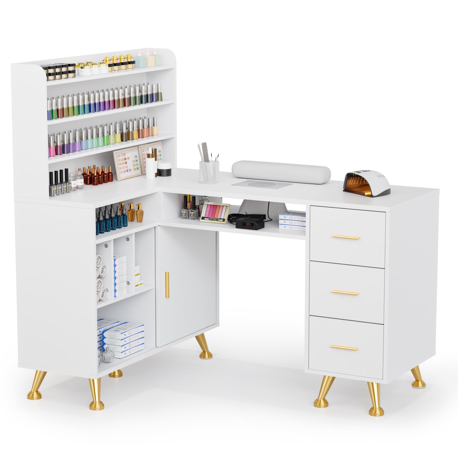 Condition photo showing New/Like New for omysalon l shaped manicure table with dust collector, 52" l corner nail desk for nail techs, w/polish display rack arm rest, acetone resistant top, drawer and cabinet storage, for nail salon