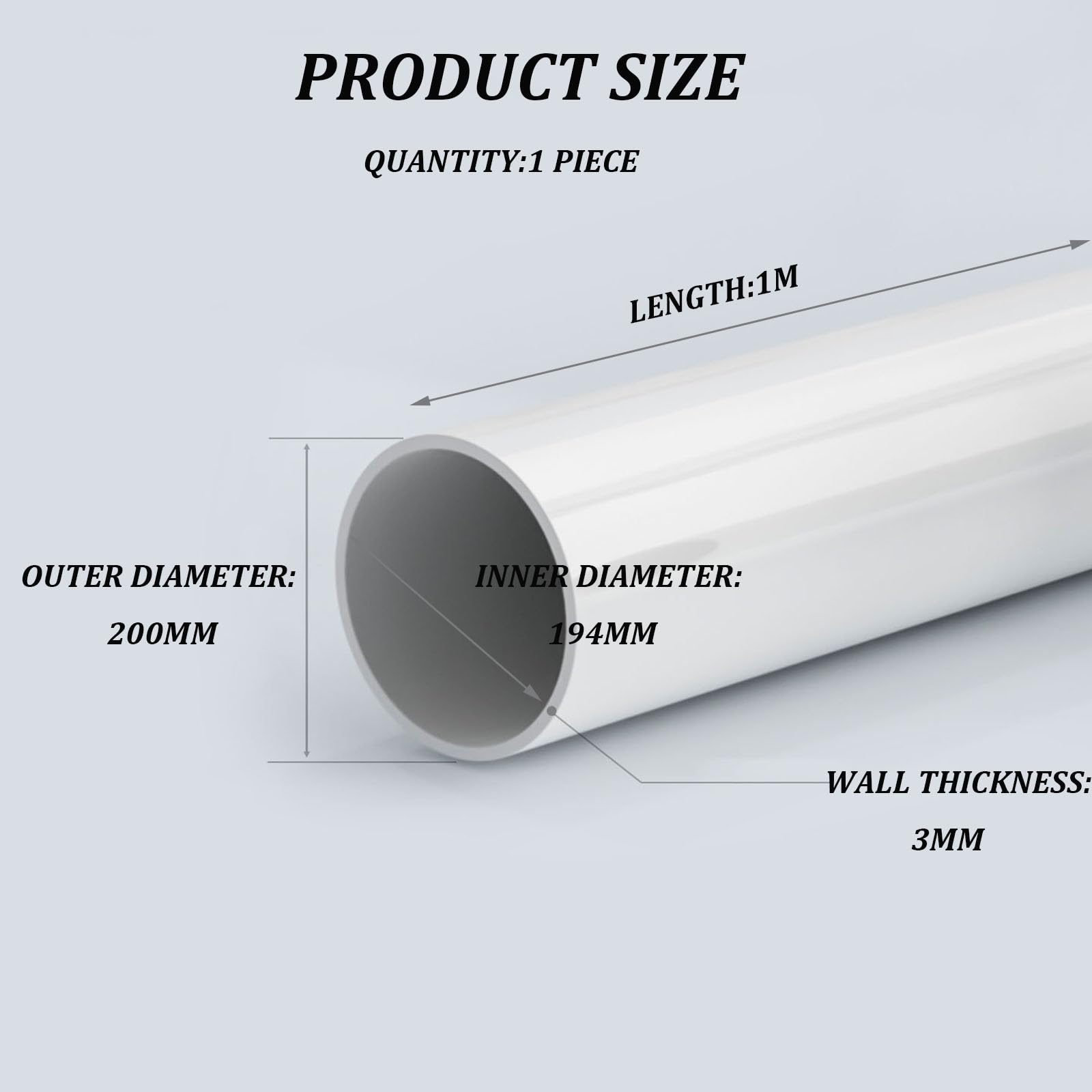 Tubo de PVC de 200 mm de diámetro exterior x 3 mm de grosor, plástico duro for drenaje, mejoras en el hogar y proyectos de bricolaje. 1 pieza, 1 m.