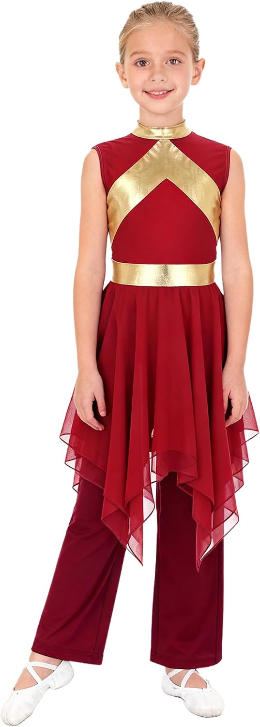 Hedmy Girls Lyrical Praise Dance Outfits 2pcs Shiny Metallic Sleeveless Asymmetrical Hem Dress With Burgundy 16 Years