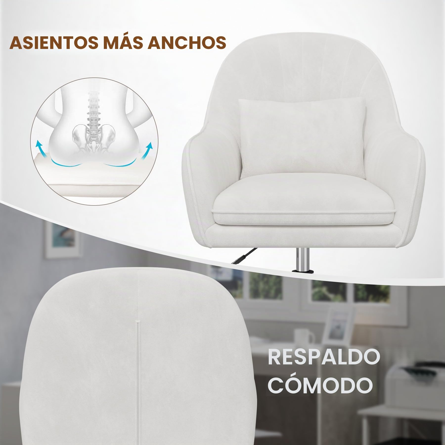 Oficina para teletrabajo, Silla de Terciopelo con reposacabezas, Altura Regulable, Silla de Oficina ergonómica, Silla giratoria para maquillarse, para Dormitorio, hasta 120 kg, Color Blanco