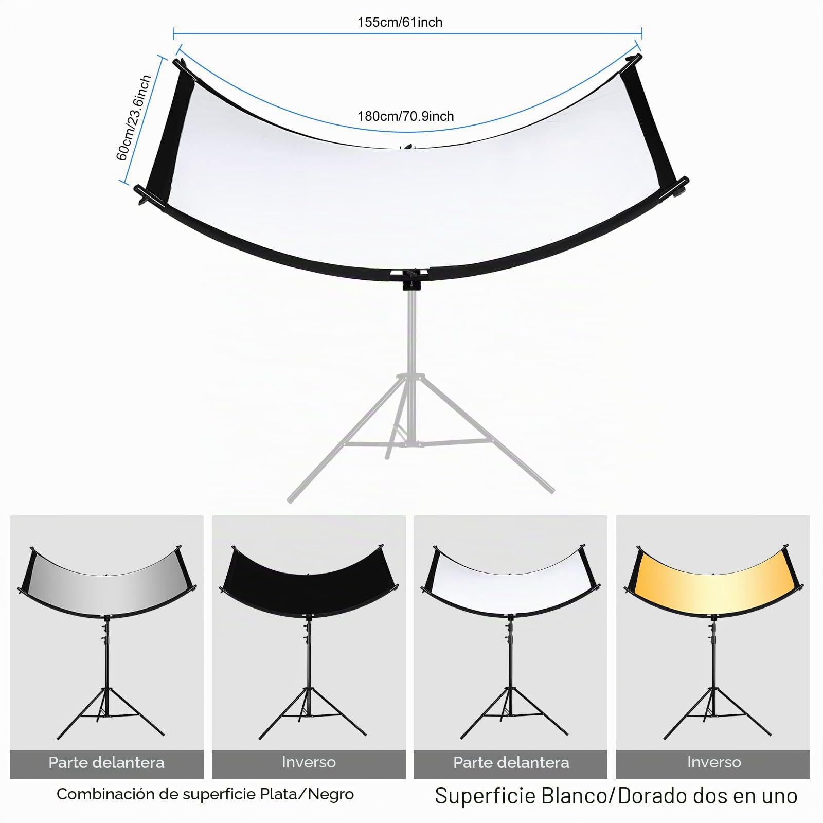 Difusor Reflector de Luz Clamshell con Bolsa de Transporte Reflector de Iluminación Curvo 180 * 60cm,4 en 1 Clamshell difusor para fotografía Estudio,Negro/Blanco/Dorado/Plateado(Sin Soporte)