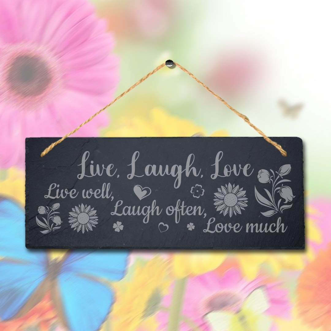 Stukk Natural Engraved Slate Stone Plaque Live Well Laugh Often Love Much Hanging Life Rules Sign, 30X12cm