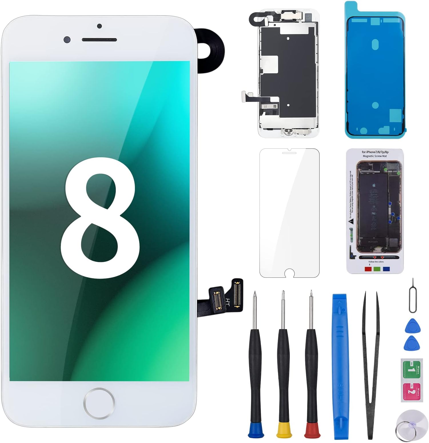 for iPhone 8 Screen Replacement With Home Button 4.7” White, LCD Display for iPhone SE 2nd 2020 3D Touch Digitizer Full Assembly Repair Kit Front Camera Speaker Sensor, Fix Tools for A1863 A1905 A1906