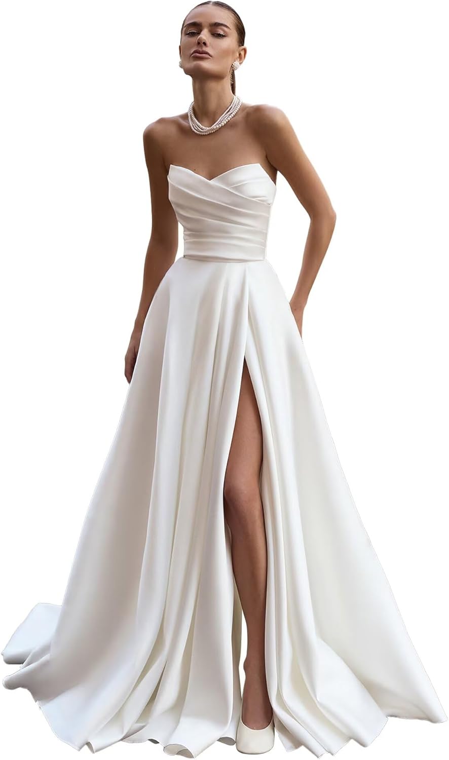 Satin Wedding Dresses for Bride Strapless Prom Dress Ruched Bridal Gown with Slit - Image 6