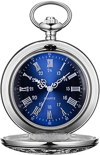 Quartz Pocket Watch with Chain Mens Vintage Steampunk Pocket Watch/Roman Numerals/Hollowed Out Watch Cover/Gift Box