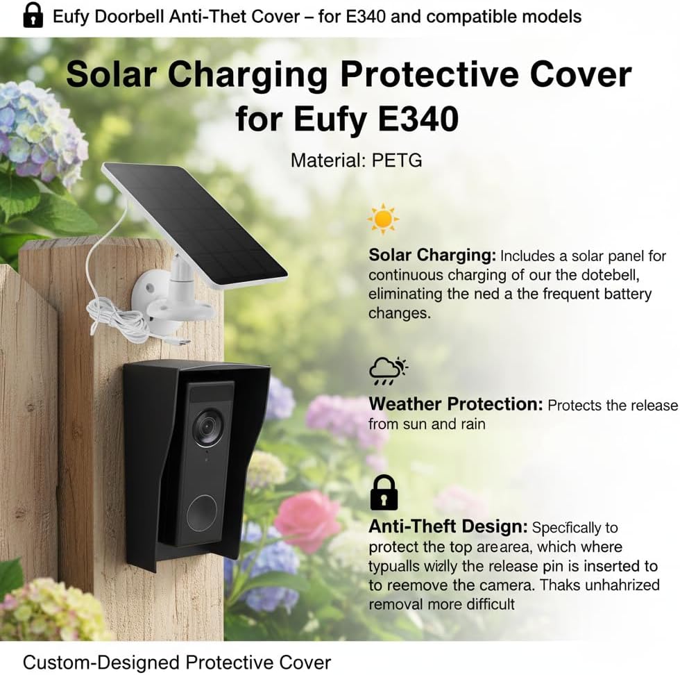 Solar Charging Anti-Theft Protective Cover. Suitable for Eufy E340 - Easy to Install.