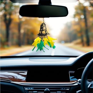 Car Hanging Ornament adiyogi- Yellow rama | Dream Catcher for Positive Energy | Rearview Mirror Charm | Home and Temple Decor | Durable Acrylic with Original Feathers