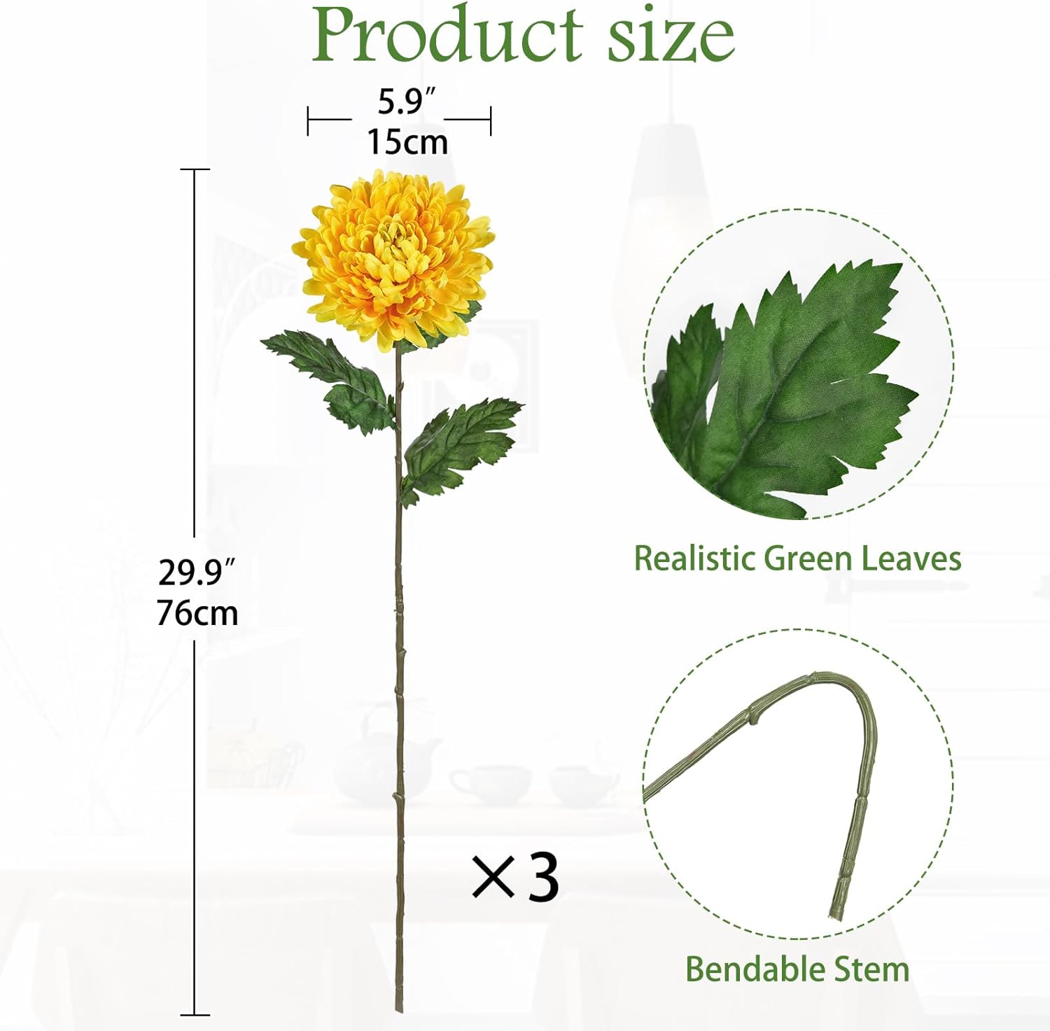 Hollyone 3Pcs Fake Mums Flowers Yellow Artificial Chrysanthemum Flowers Silk 30" Long Stem Floral Arrangements Bouquets Faux Spider Mum Flower Pincushion Flower Bush Spring Home Decor - Image 2