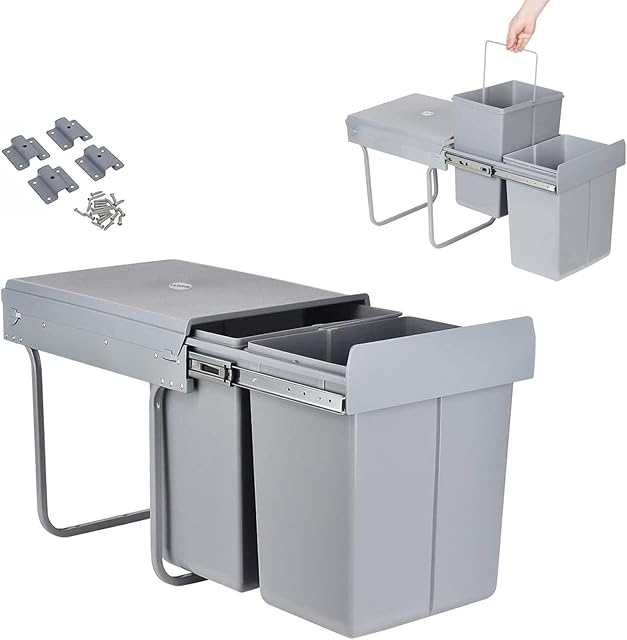 ybaymy Pull Out Kitchen Waste Bin Under Cabinet 20L + 20L Recycling Kitchen Cabinet Trash Can with Lid and Handle Waste Containers with Double Sliding Trash Can Rubbish Garbage Sorting Gray