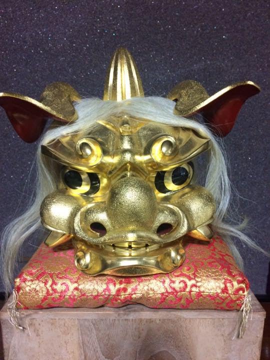 獅子頭木彫彫刻置物 金塗り 共箱 獅子頭木彫彫刻置物 金塗り 共箱