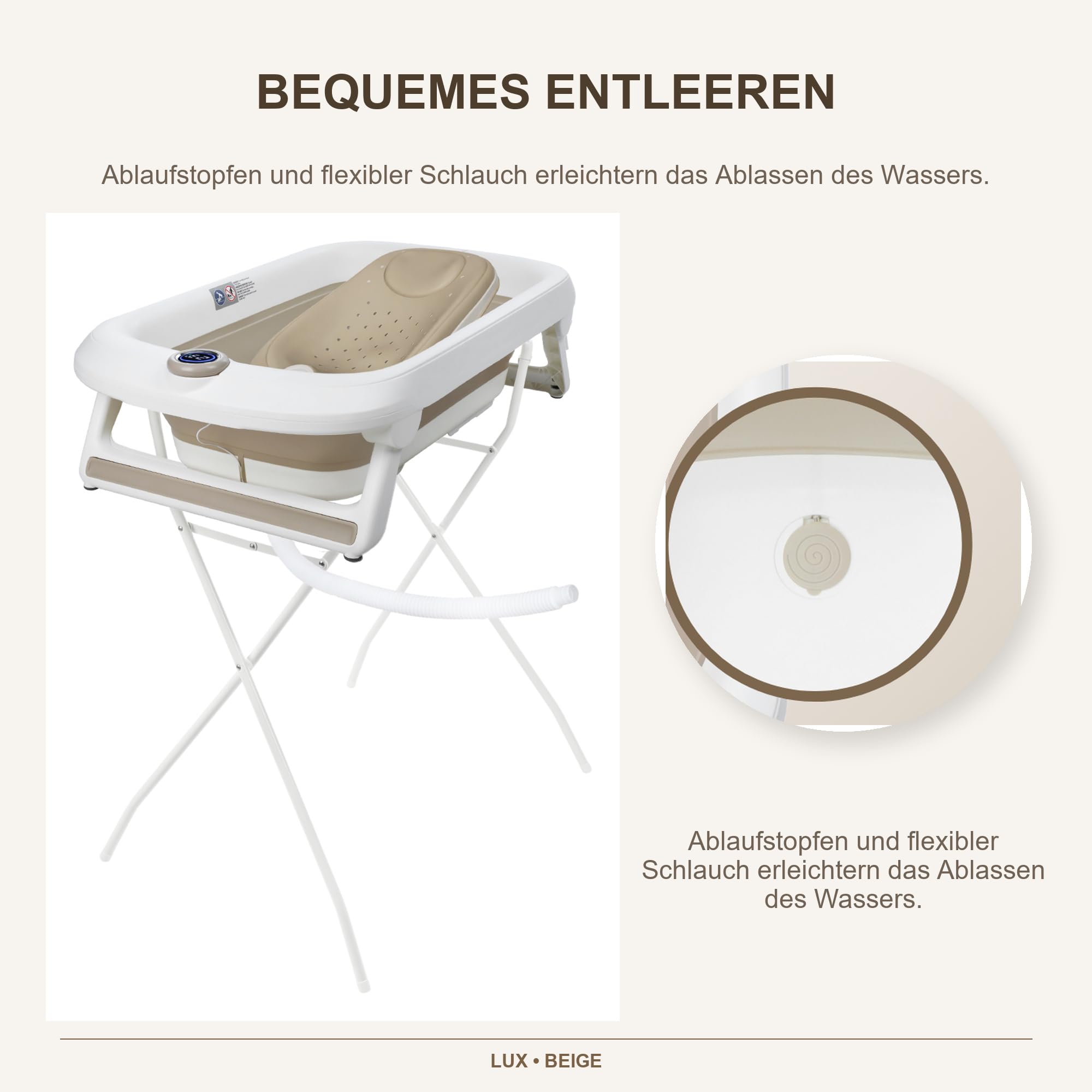 Primabobo LUX Bade-Set für Babys mit Faltbarer Babybadewanne, Elektronischem Thermometer, Badesitz und Gestell, Komplettes Babybad Set für Neugeborene, Beige