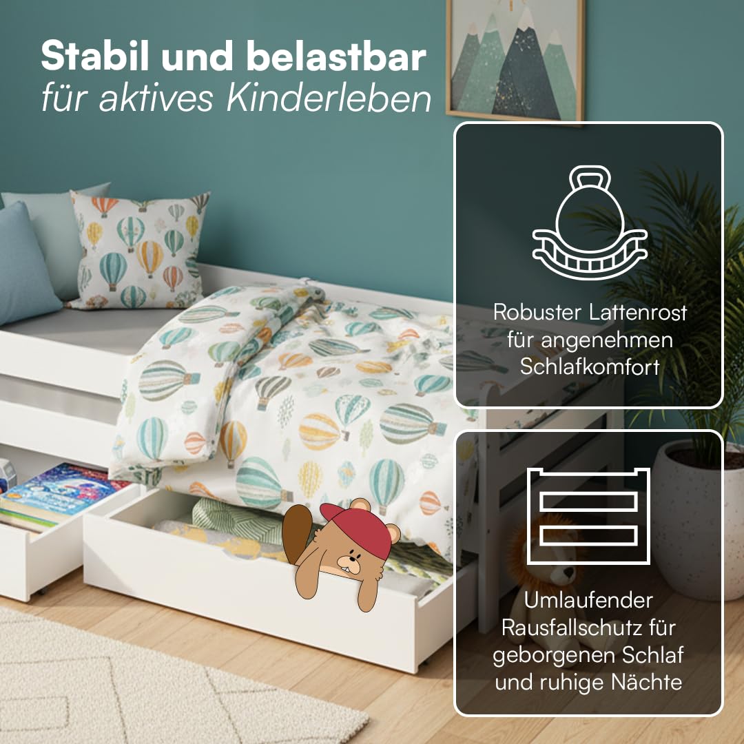 Bellabino Kuru Kinderbett 90x200 cm – Jugendbett mit 2 Schubladen - Kinder Bett mit Rausfallschutz & Lattenrost – Einzelbett für Jungen und Mädchen für Kinderzimmer – Kids Bed mit Stauraum in Weiß