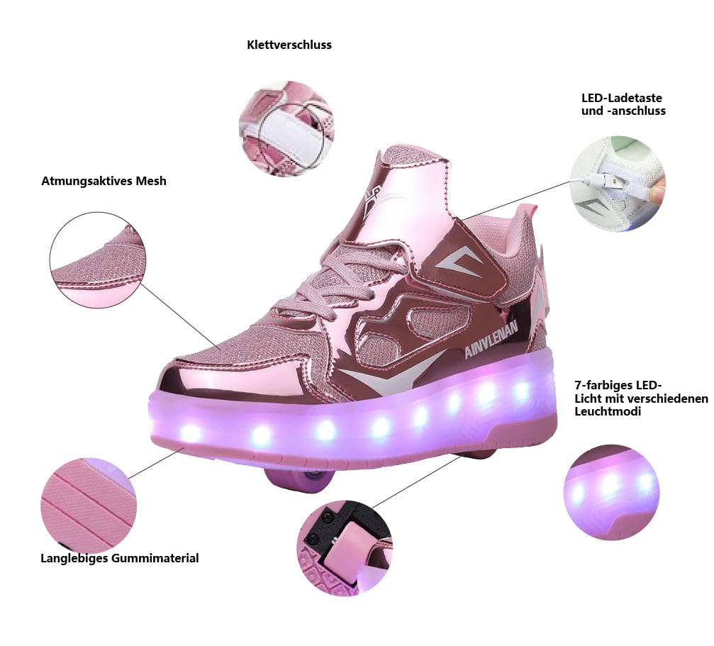 Sneaker per Bambini,Scarpe da Skateboard a Due Ruote,Luce a Cambio Colore Regolabile,Ricarica USB,universali per Ragazzi e Ragazze,Nero Rosa Oro Argento 27–40 EU