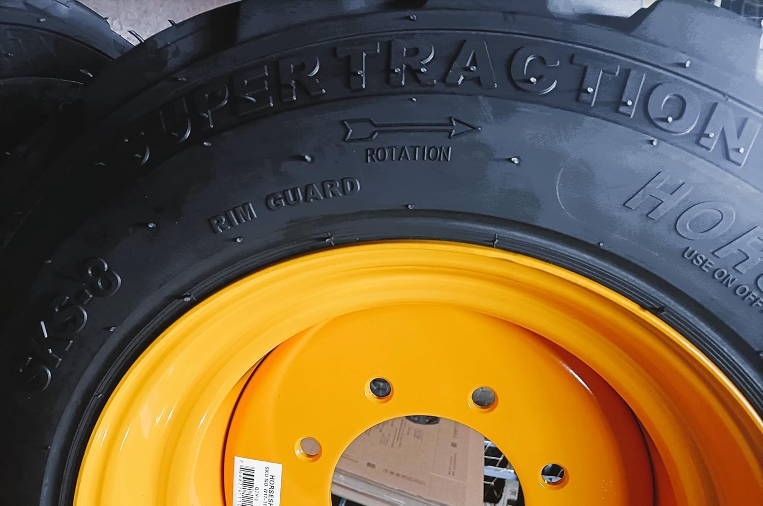 HORSESHOE (4-Pack) 10-16.5 16PR R-4 Heavy Duty LRH Tires mounted on 16.5x8.25 8LugsX8 Yellow(NE) Rims w/Brass Valve Stem & Stem Protector fits Bobcat JD New Holland 10X16.5 16.5-8.25 (4)